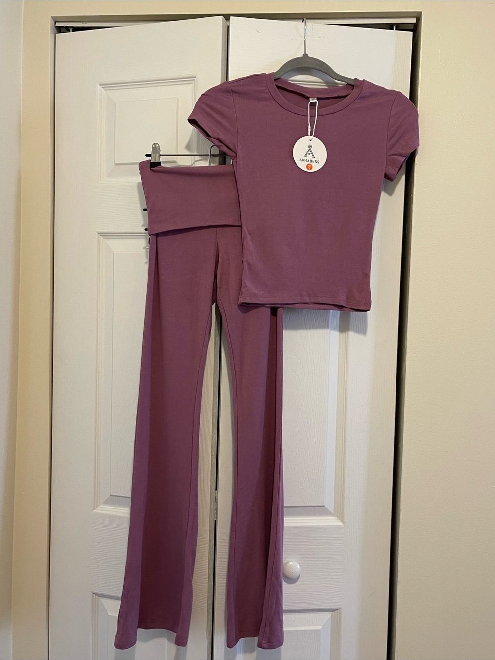 Mauve Two-Piece Lounge Set - Short Sleeve Top & Flared Pants